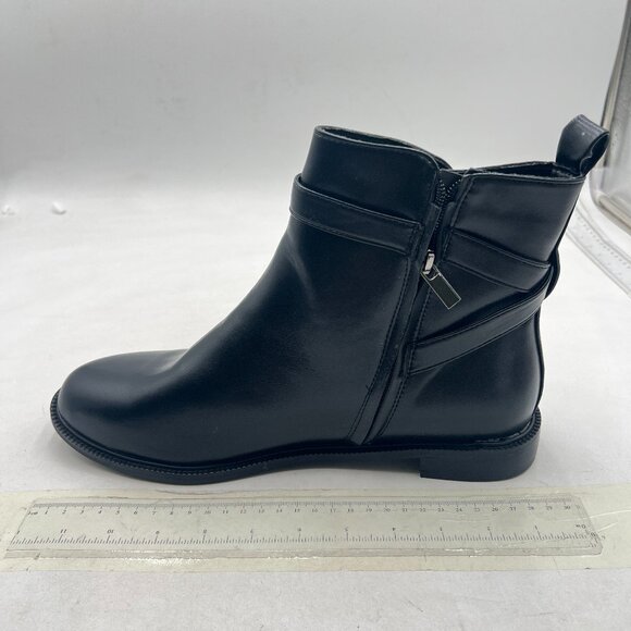 Black Crossed Strap Closed Toe Ankle Boot Side Zipper Block Heels Short Booties - Picture 1 of 7